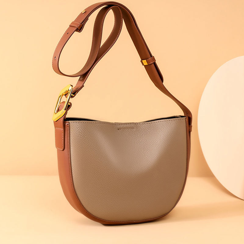 Leather Contrast Broadband Crescent Bucket Bag