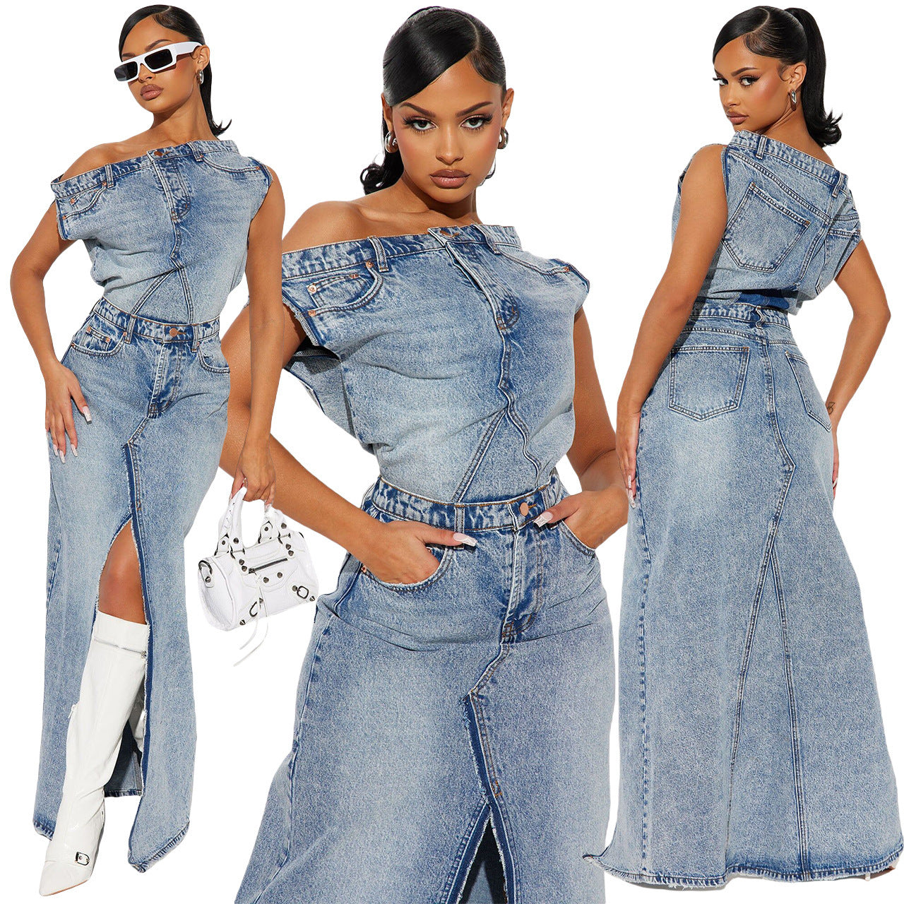 Women's Fashion Retro Denim Casual Denim Skirt Suit