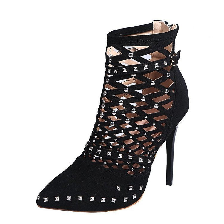 Hollow Rivet Suede High Heels With Pointed Toes