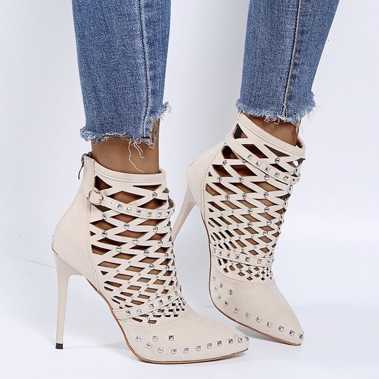 Hollow Rivet Suede High Heels With Pointed Toes