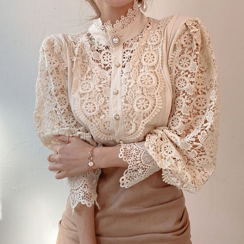 Lace Hollow Flower Stitching Long-Sleeved Stand Collar Shirt