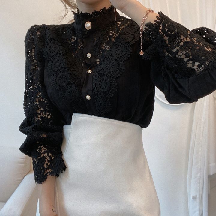 Lace Hollow Flower Stitching Long-Sleeved Stand Collar Shirt