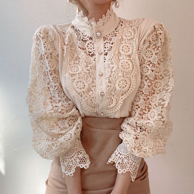 Lace Hollow Flower Stitching Long-Sleeved Stand Collar Shirt