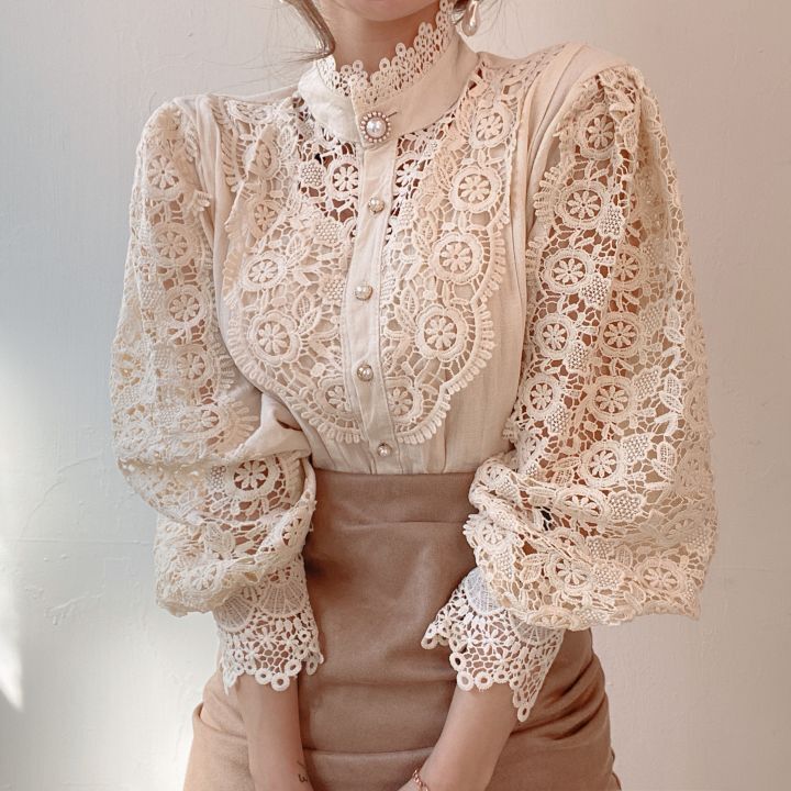 Lace Hollow Flower Stitching Long-Sleeved Stand Collar Shirt