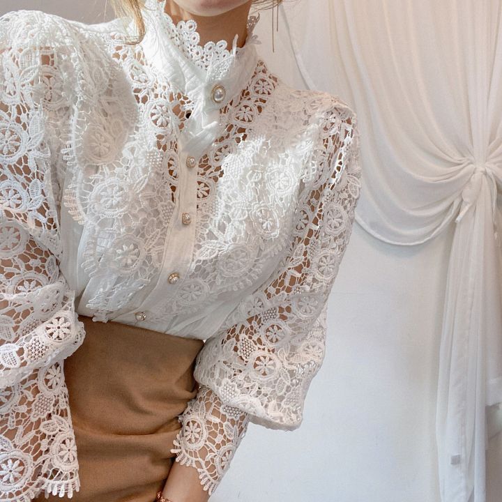 Lace Hollow Flower Stitching Long-Sleeved Stand Collar Shirt