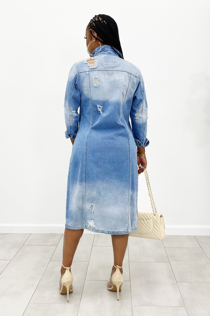 Women's Denim Long Trench Coat Ripped Jacket