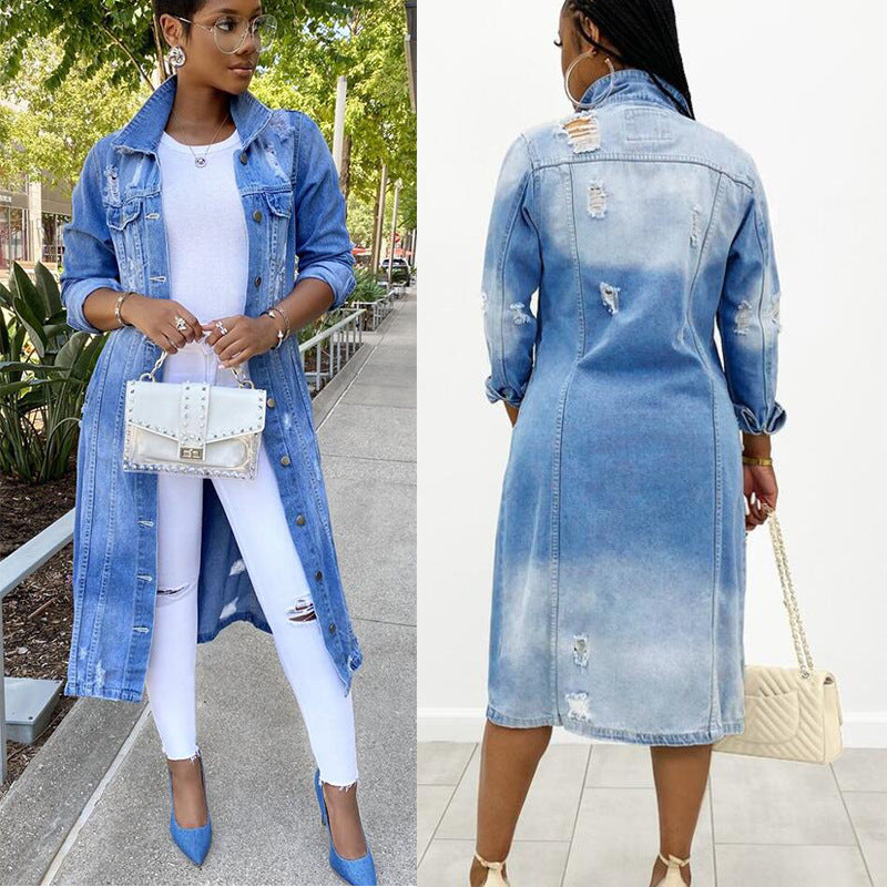 Women's Denim Long Trench Coat Ripped Jacket