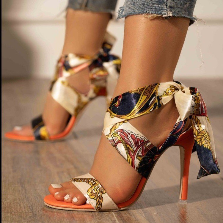 Printed Lace Up Shoes Wholesales Personality Strap Printing High Heel Sandals Women's Shoes Orange