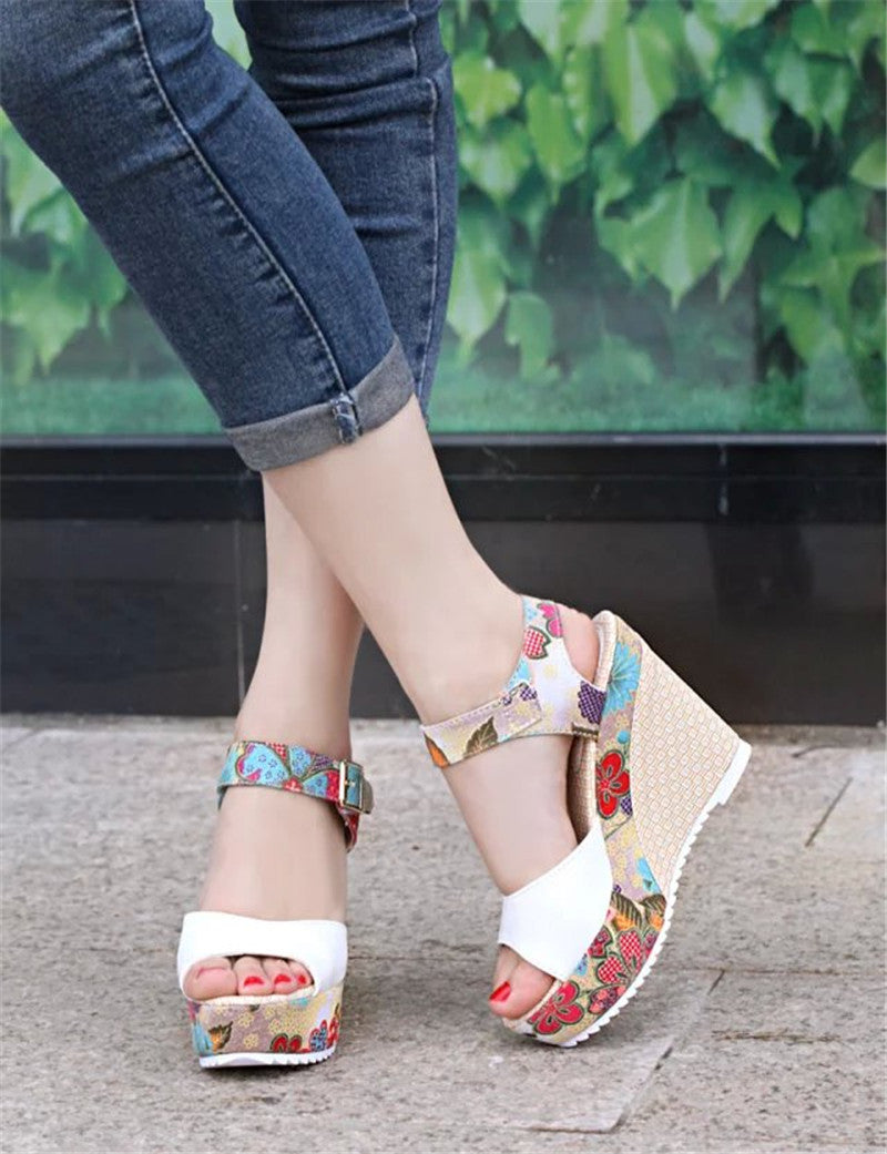 Wedge Sandals Female Floral Bowknot Platform High Heel