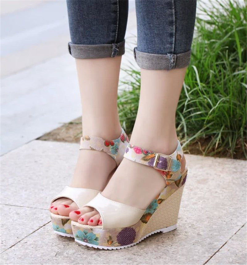 Wedge Sandals Female Floral Bowknot Platform High Heel