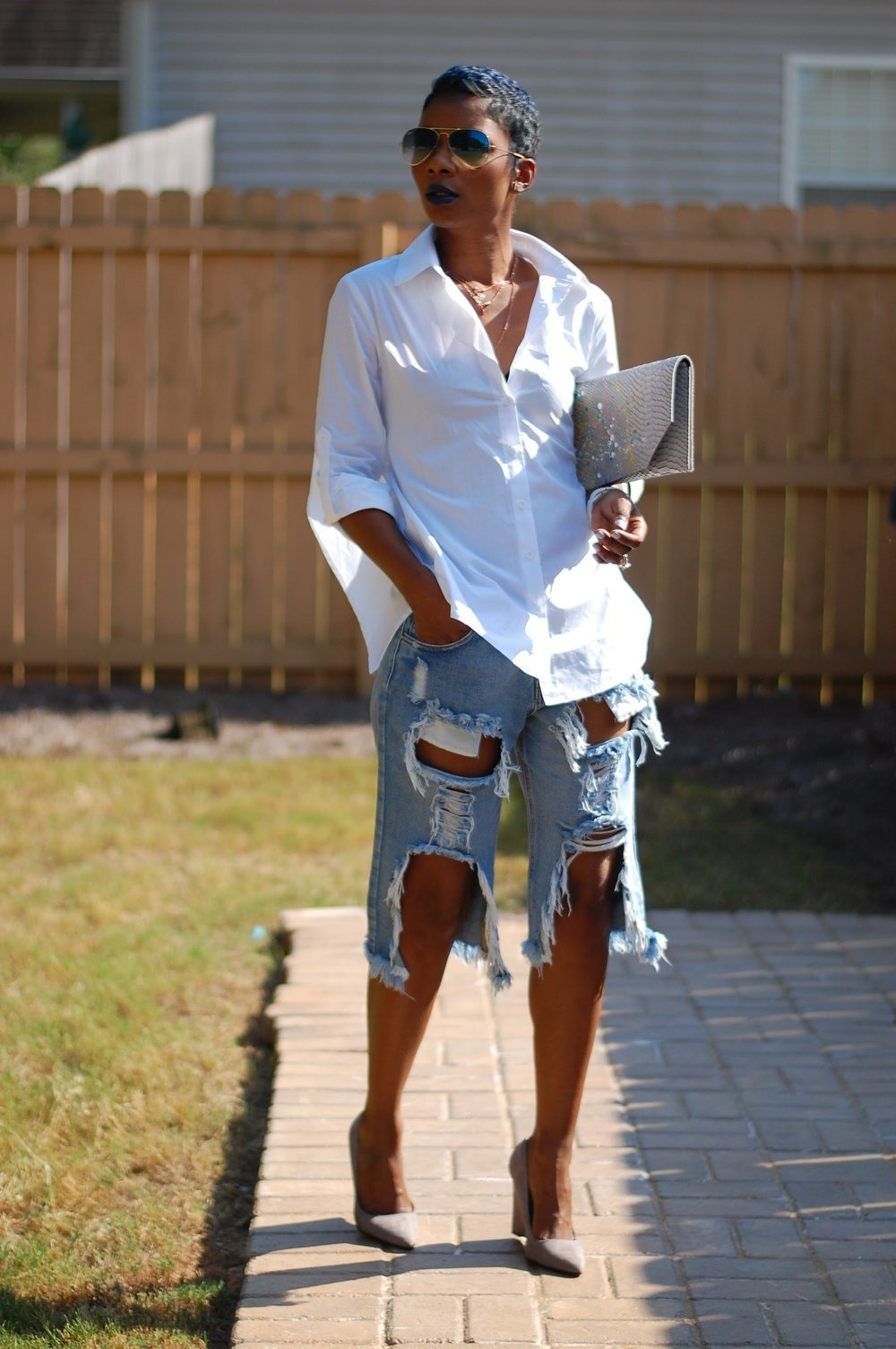 Ripped Denim Shorts Loose Straight Denim Five-quarter Pants