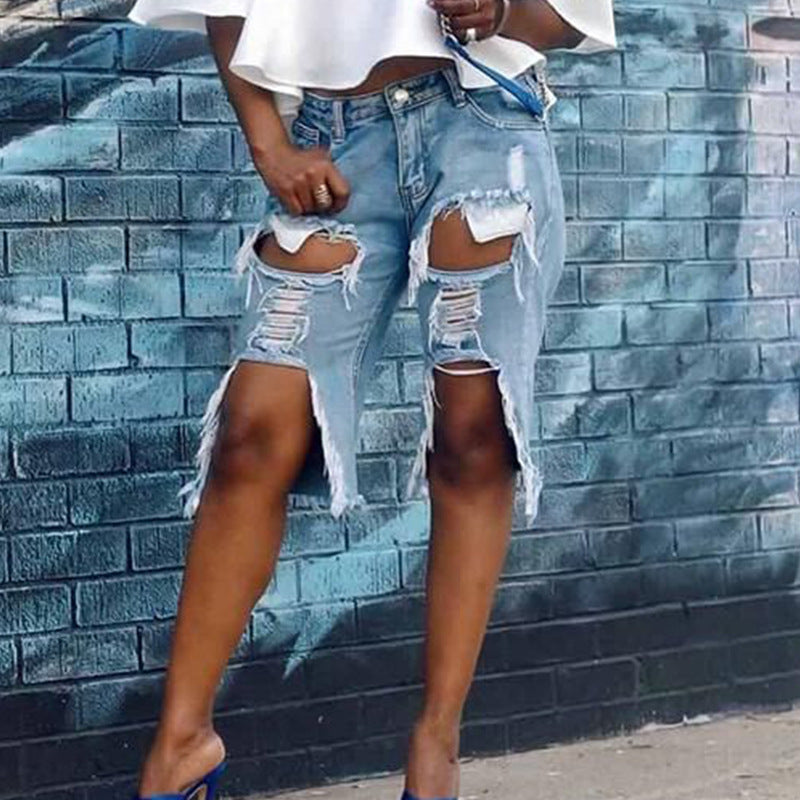 Ripped Denim Shorts Loose Straight Denim Five-quarter Pants