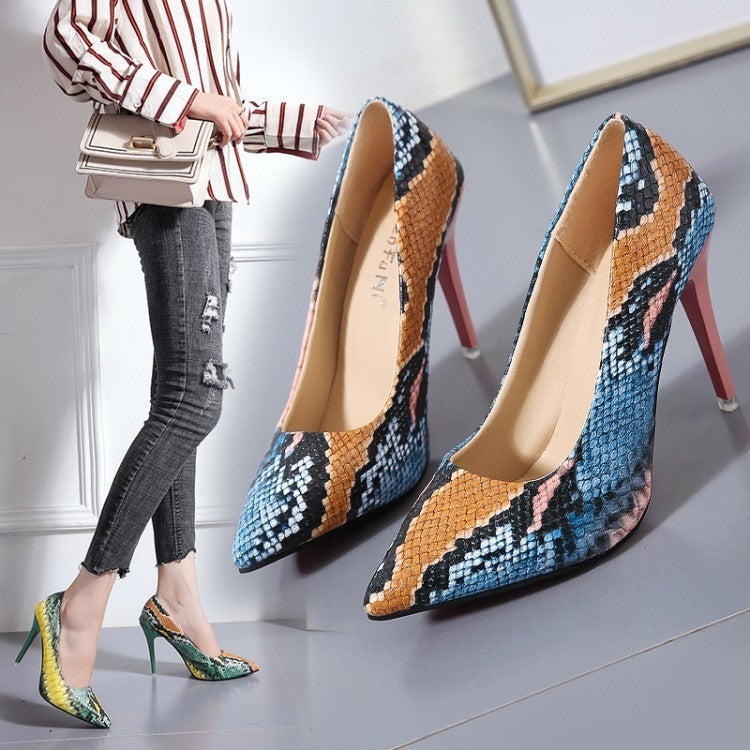 Pointed Toe Color Matching Snake Print Stiletto High-heeled Shoes For Foreign Trade Women