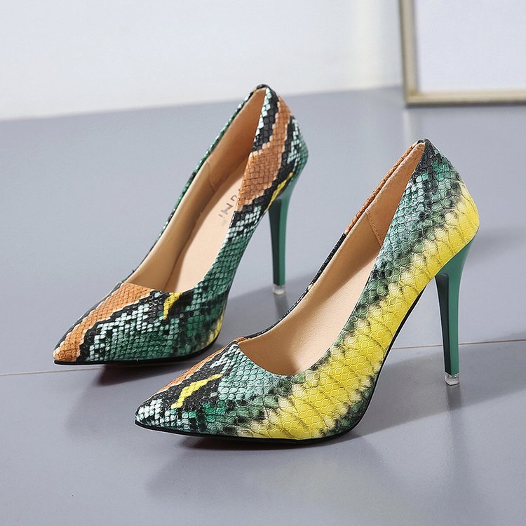 Pointed Toe Color Matching Snake Print Stiletto High-heeled Shoes For Foreign Trade Women