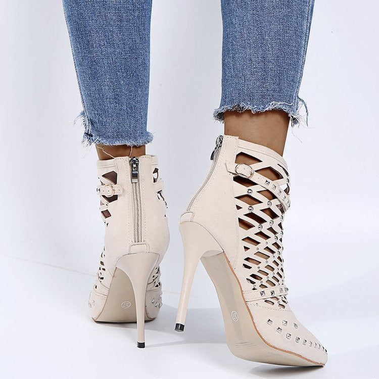 Hollow Rivet Suede High Heels With Pointed Toes