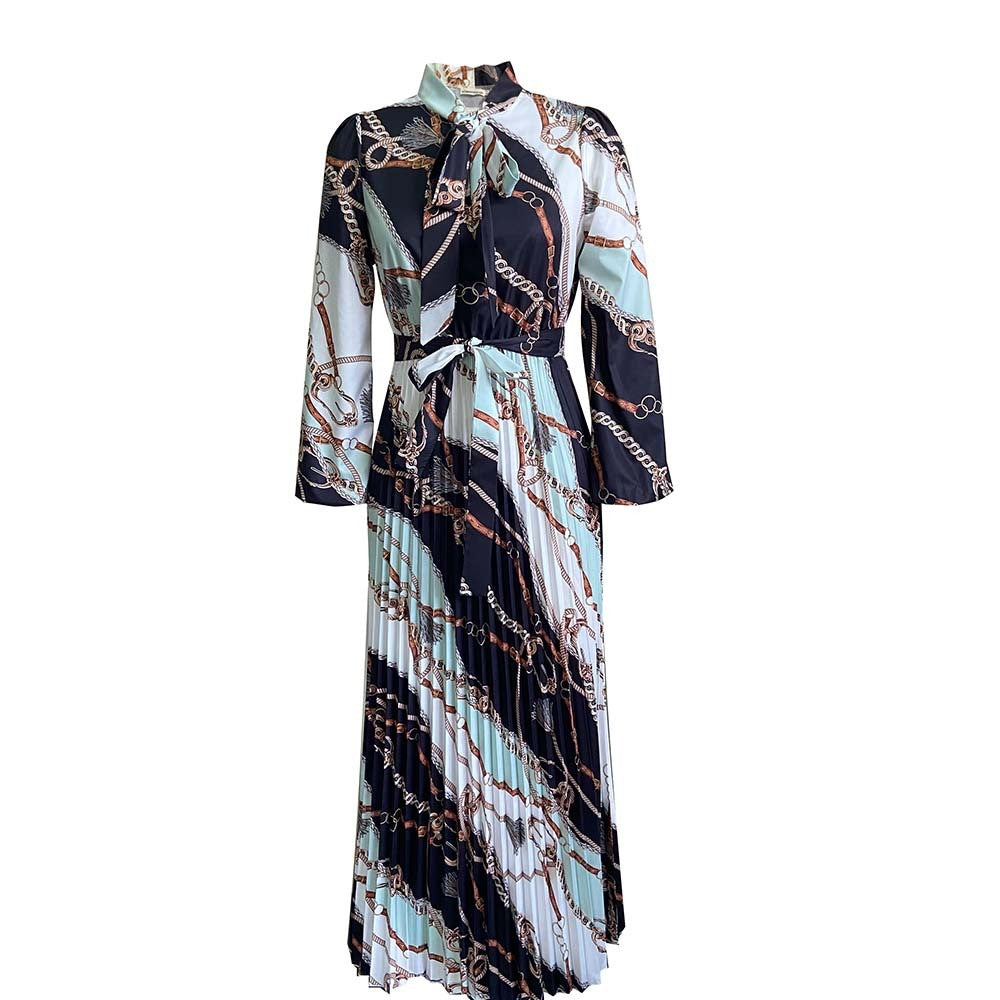 New Long Sleeve Printed Pleated Tie Oversized Dress