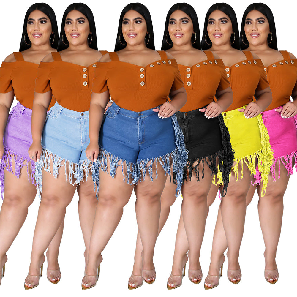 Ripped Fringed Brushed Denim Shorts Plus Size Women'S Casual Straight-Leg Pants