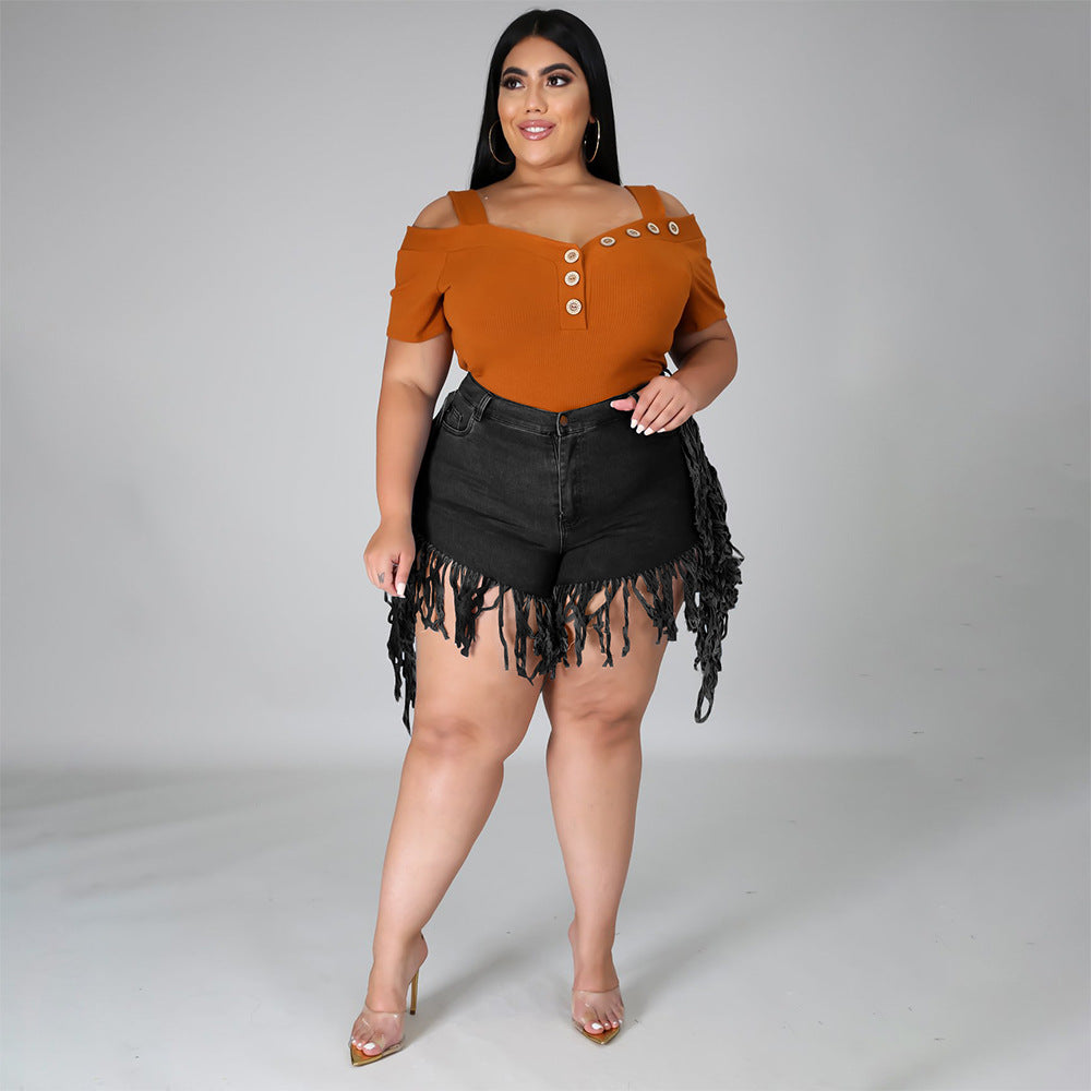 Ripped Fringed Brushed Denim Shorts Plus Size Women'S Casual Straight-Leg Pants