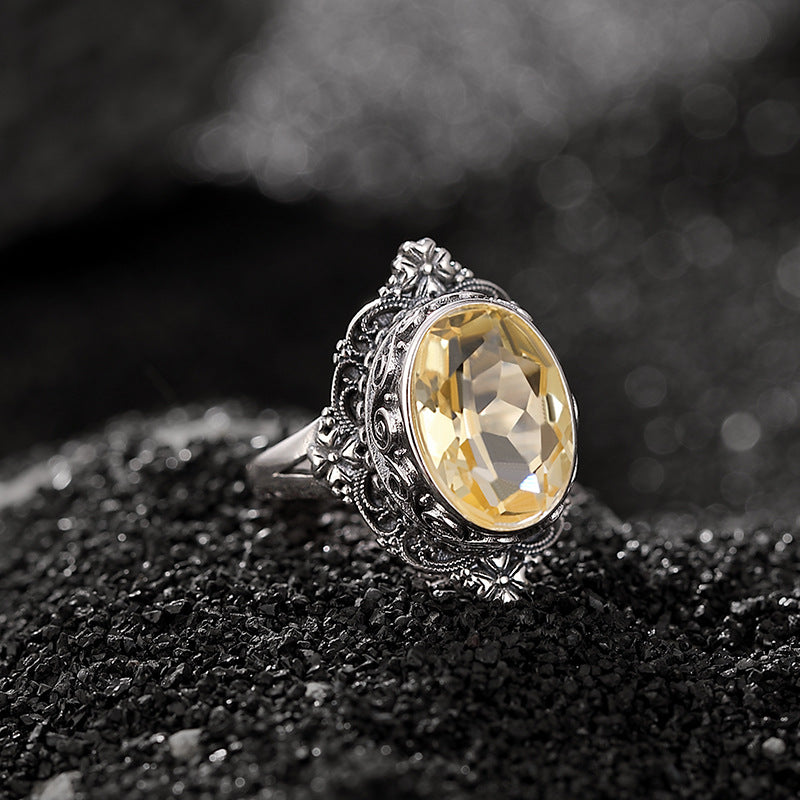 Sterling Citrine Xiangyun Oval Mosaic Silver Ring