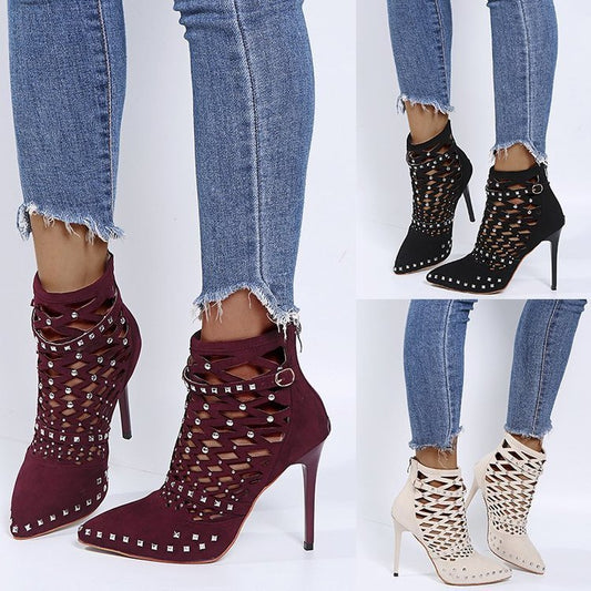 Hollow Rivet Suede High Heels With Pointed Toes