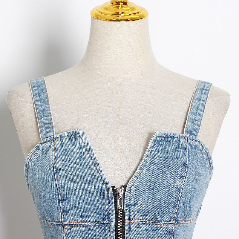 Women's Fashion Quilted Denim Shoulder Strap Top