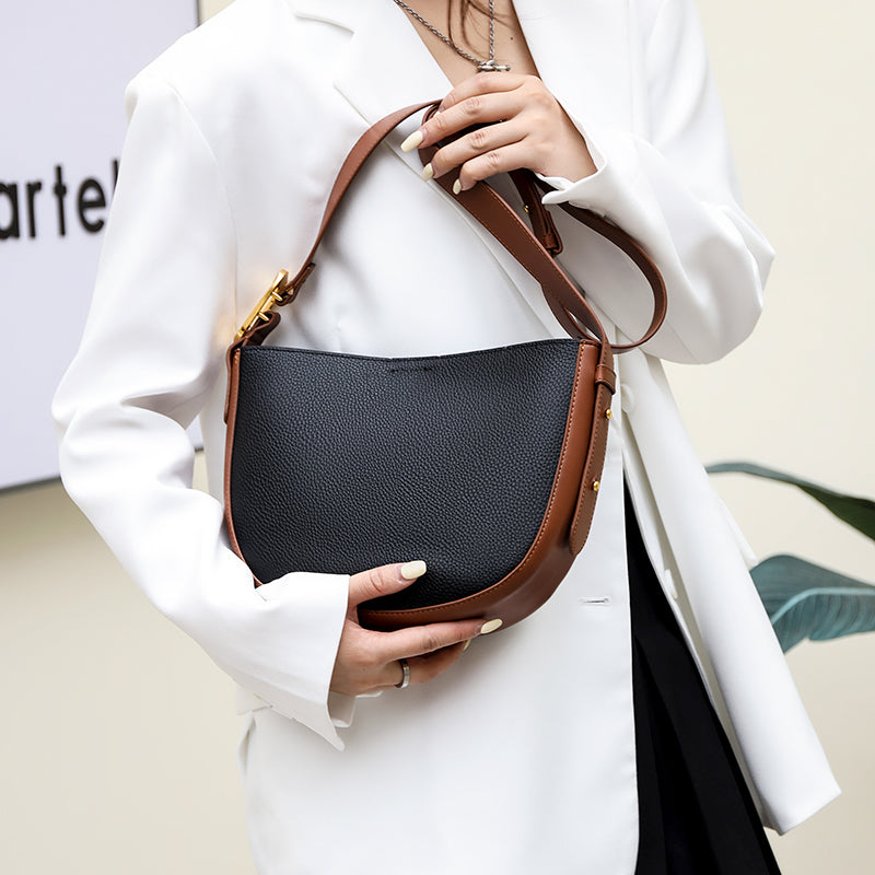 Leather Contrast Broadband Crescent Bucket Bag