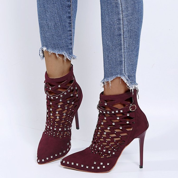 Hollow Rivet Suede High Heels With Pointed Toes