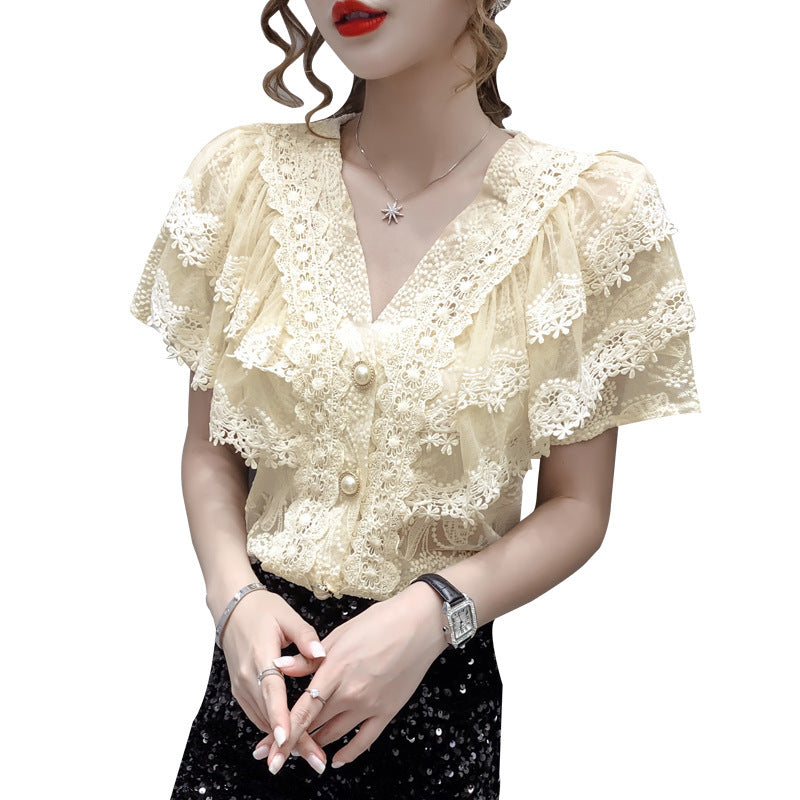 French Style Elegant V-neck Single-breasted Lace Shirt Western Style