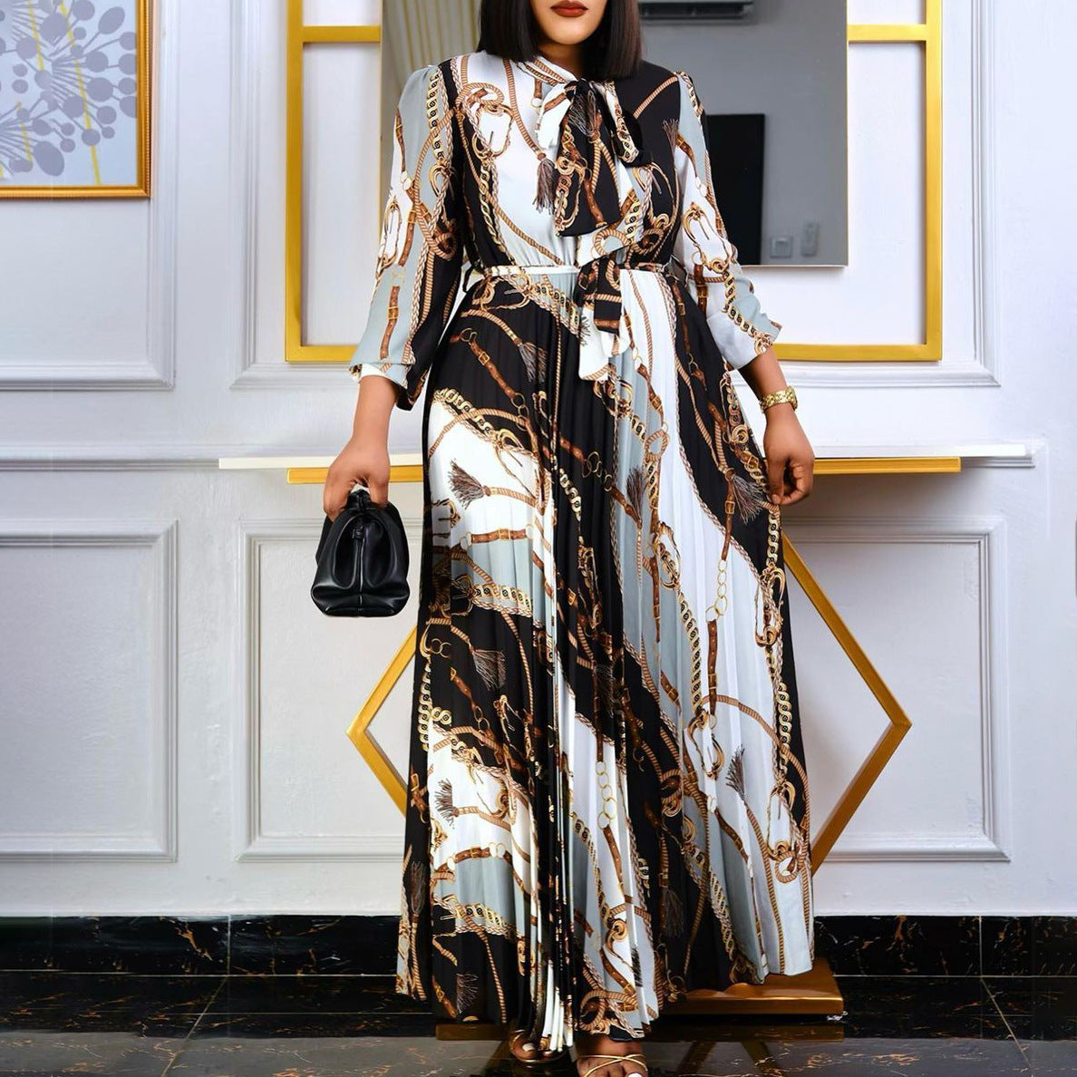 New Long Sleeve Printed Pleated Tie Oversized Dress