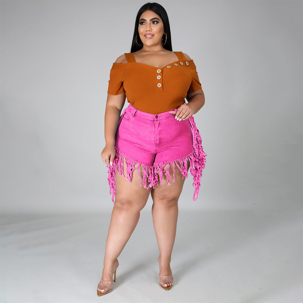 Ripped Fringed Brushed Denim Shorts Plus Size Women'S Casual Straight-Leg Pants