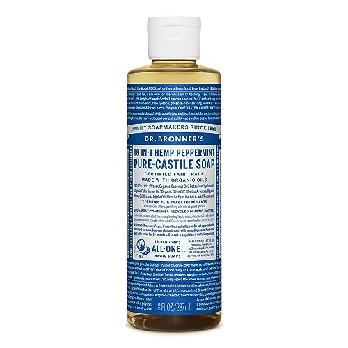 Dr. Bronner's - Pure-Castile Liquid Soap (Peppermint, 8 Ounce) - Made with Organic Oils, 18-in-1 Uses: Face, Body, Hair, Laundry, Pets and Dishes, Concentrated, Vegan, Non-GMO