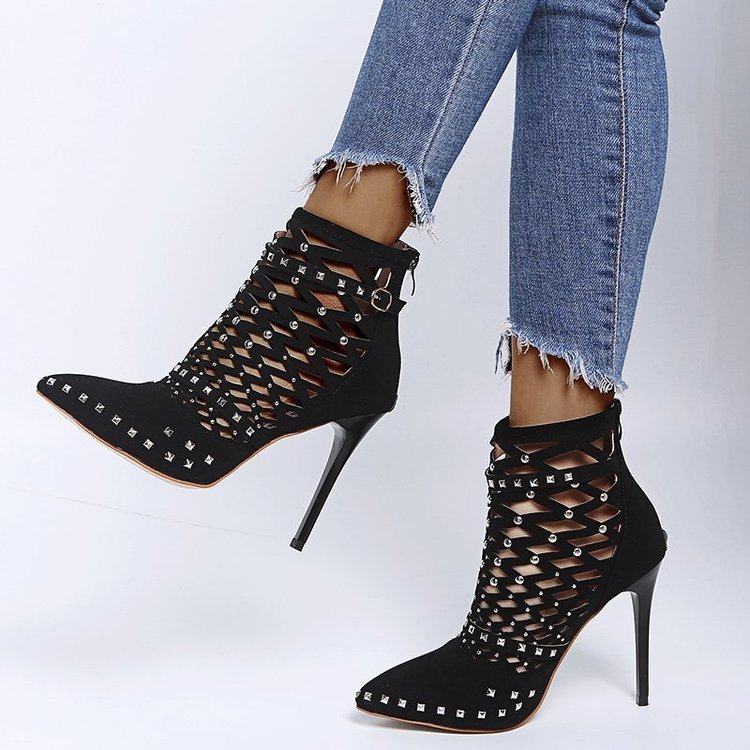 Hollow Rivet Suede High Heels With Pointed Toes