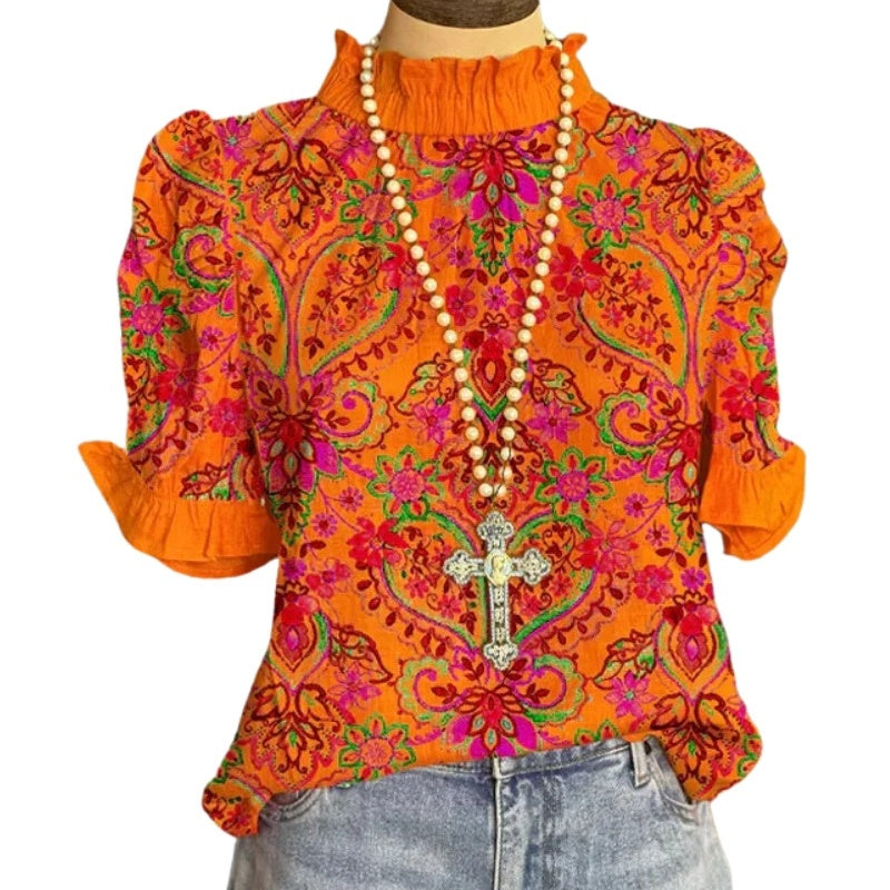 Women's Vintage Printed Orange Short Sleeve Gathers