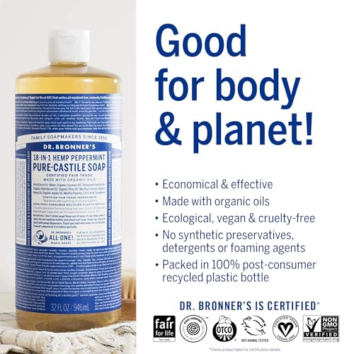 Dr. Bronner's - Pure-Castile Liquid Soap (Peppermint, 25 Ounce) - Made with Organic Oils, 18-in-1 Uses: Face, Body, Hair, Laundry, Pets and Dishes, Concentrated, Vegan, Non-GMO