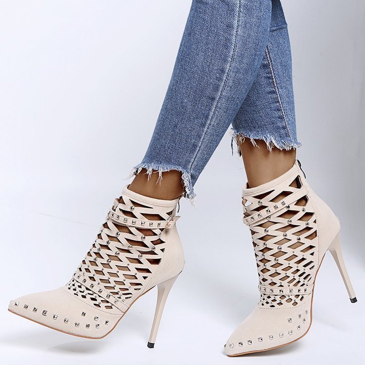 Hollow Rivet Suede High Heels With Pointed Toes