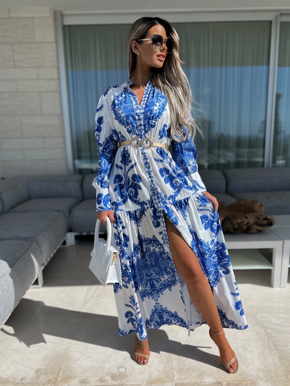 Fashion Print V-Neck Long Sleeve Jumpsuit