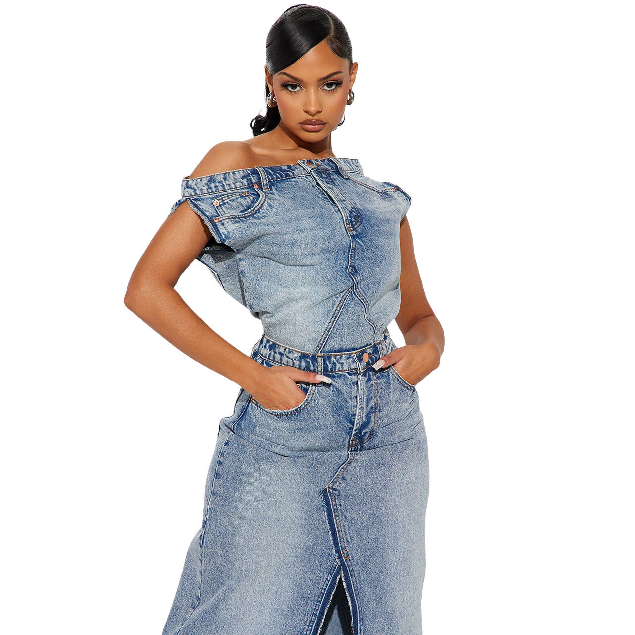 Women's Fashion Retro Denim Casual Denim Skirt Suit