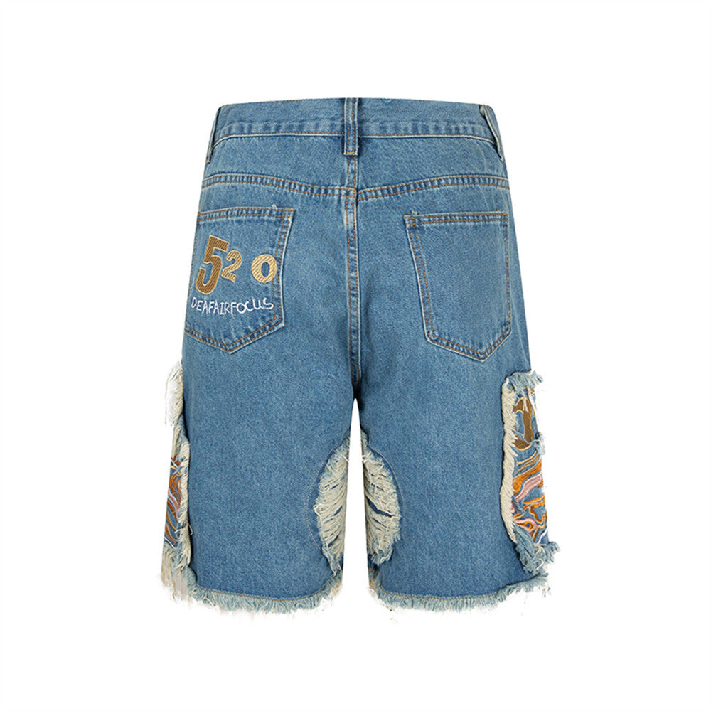 Mens Heavy-duty Ripped Embroidered Denim Shorts