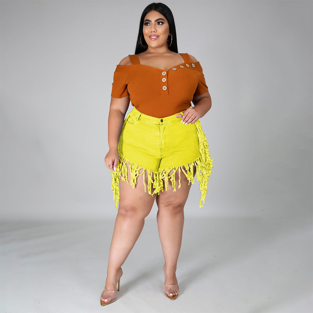 Ripped Fringed Brushed Denim Shorts Plus Size Women'S Casual Straight-Leg Pants