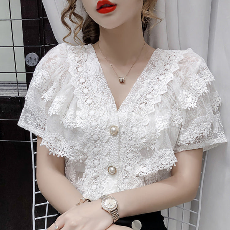 French Style Elegant V-neck Single-breasted Lace Shirt Western Style