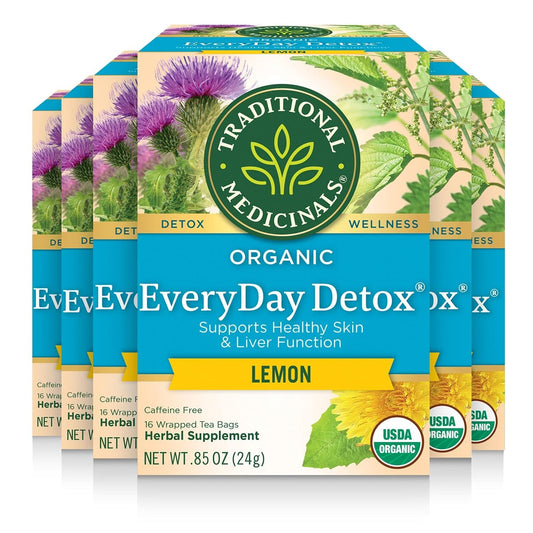 Traditional Medicinals Tea, Organic EveryDay Detox Lemon, Supports Healthy Skin & Liver Function, Detox, 16 Count (Pack of 6)