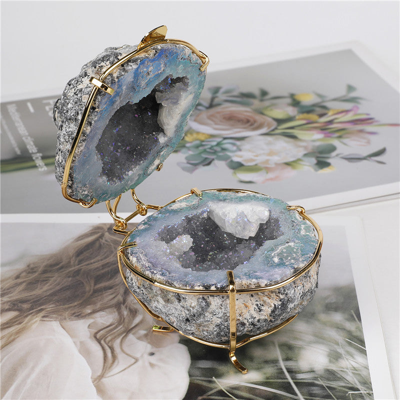 Natural Crystal Agate Geode Cornucopia Jewelry Box Ornament