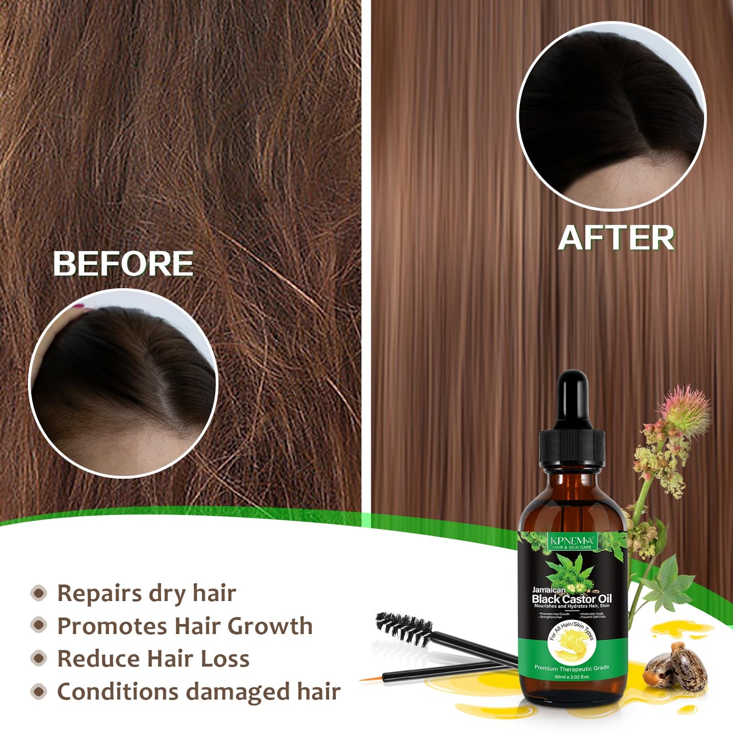 KPNEMA Jamaican Black Castor Oil for Hair Growth, Multipurpose Cold Pressed Natural Castor Oil for Hair and Skin, Eyebrow, Body Care,100% Pure Organic Black Castor Oil(2.02 Fl Oz)