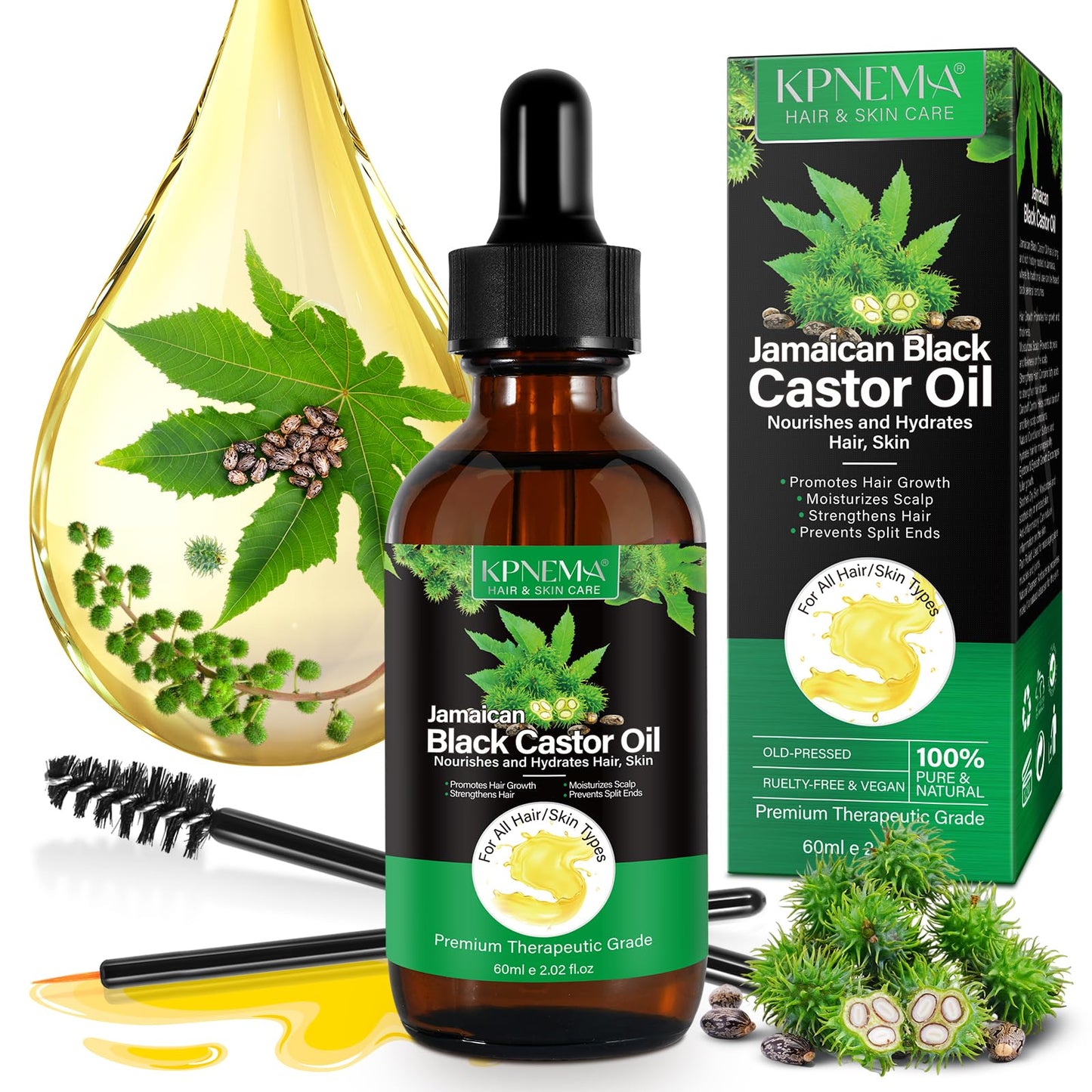 KPNEMA Jamaican Black Castor Oil for Hair Growth, Multipurpose Cold Pressed Natural Castor Oil for Hair and Skin, Eyebrow, Body Care,100% Pure Organic Black Castor Oil(2.02 Fl Oz)