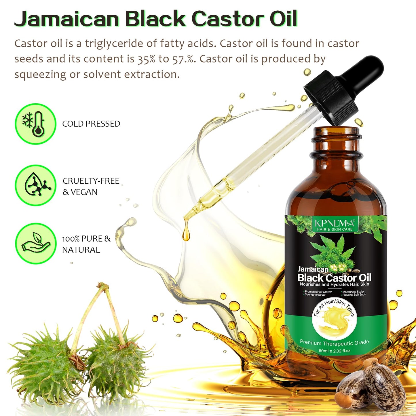 KPNEMA Jamaican Black Castor Oil for Hair Growth, Multipurpose Cold Pressed Natural Castor Oil for Hair and Skin, Eyebrow, Body Care,100% Pure Organic Black Castor Oil(2.02 Fl Oz)