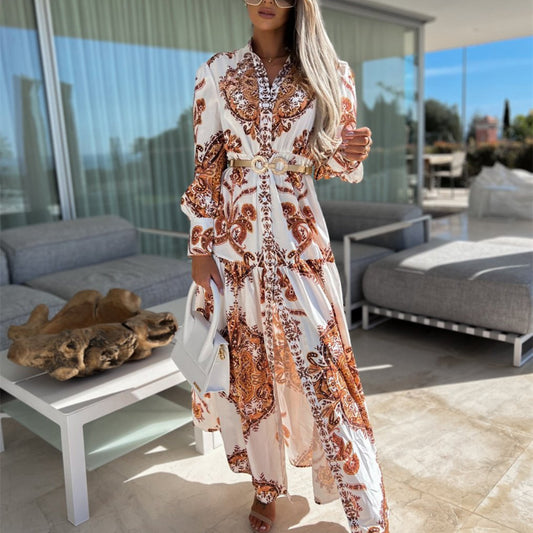 Fashion Print V-Neck Long Sleeve Jumpsuit