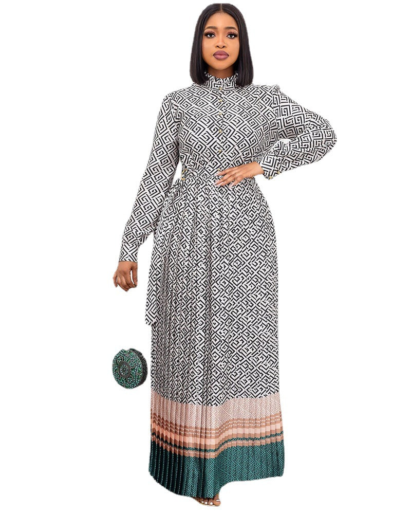 Spring New Round Neck Plus Size Printed Mid Waist Plus Size Long Pleated Dress