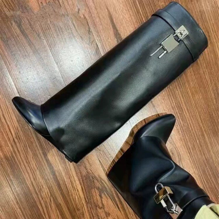 Wedge Fashion Metal Buckle Flanging Casual High Leg Boot