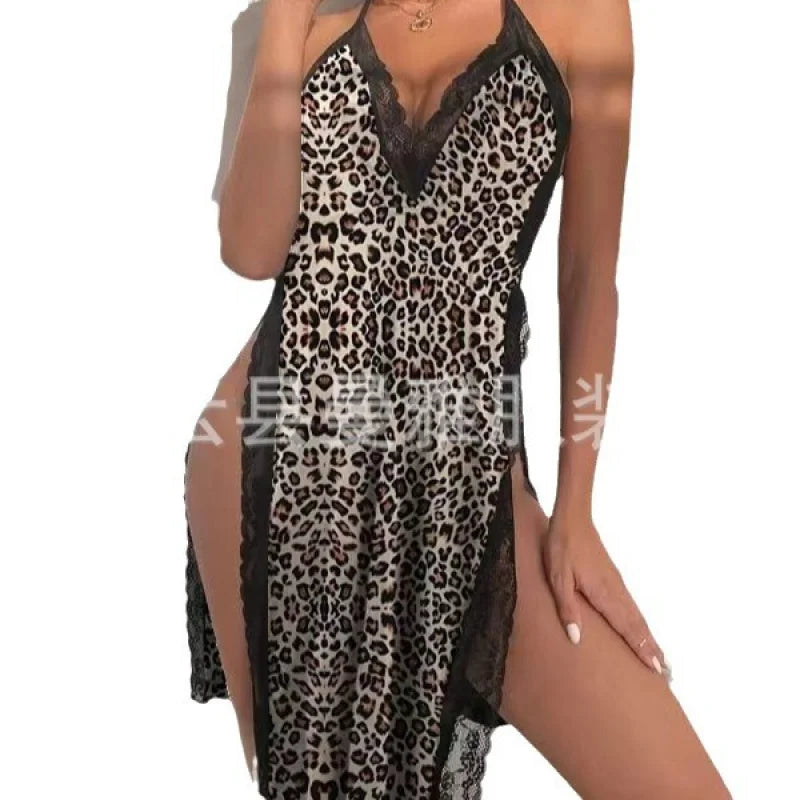 Lace Deep V Nightgown Leopard Print