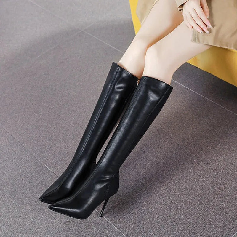 Black Women's Boots Long Pointed Toe Very High Heel Shoes for Woman Footwear Winter Knee Shaft Boot Trend 2024 Demi-season Hot